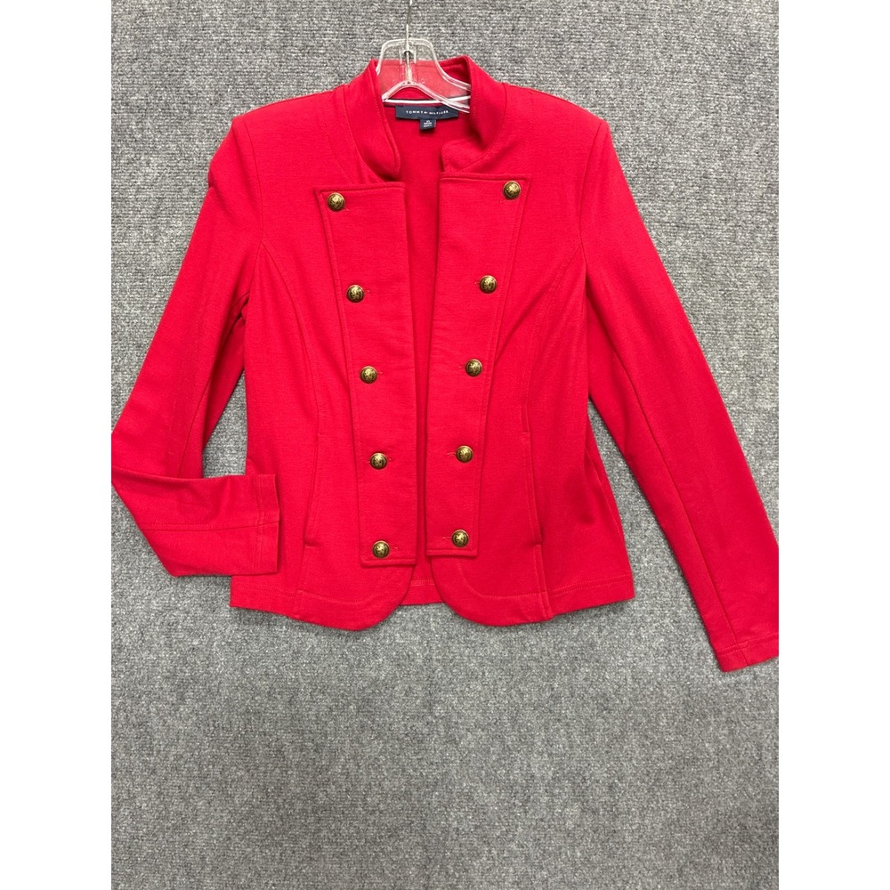 Tommy Hilfiger Red Military Knit Blazer Gold Crest Button Jacket Womens XS